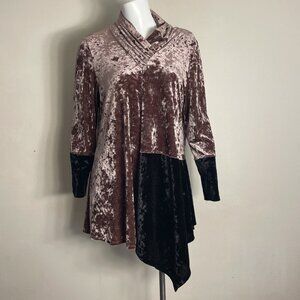 IC by Connie K Top Med Brown Velvet Velour Colorblock Pocket Zip Asymmetric Hem